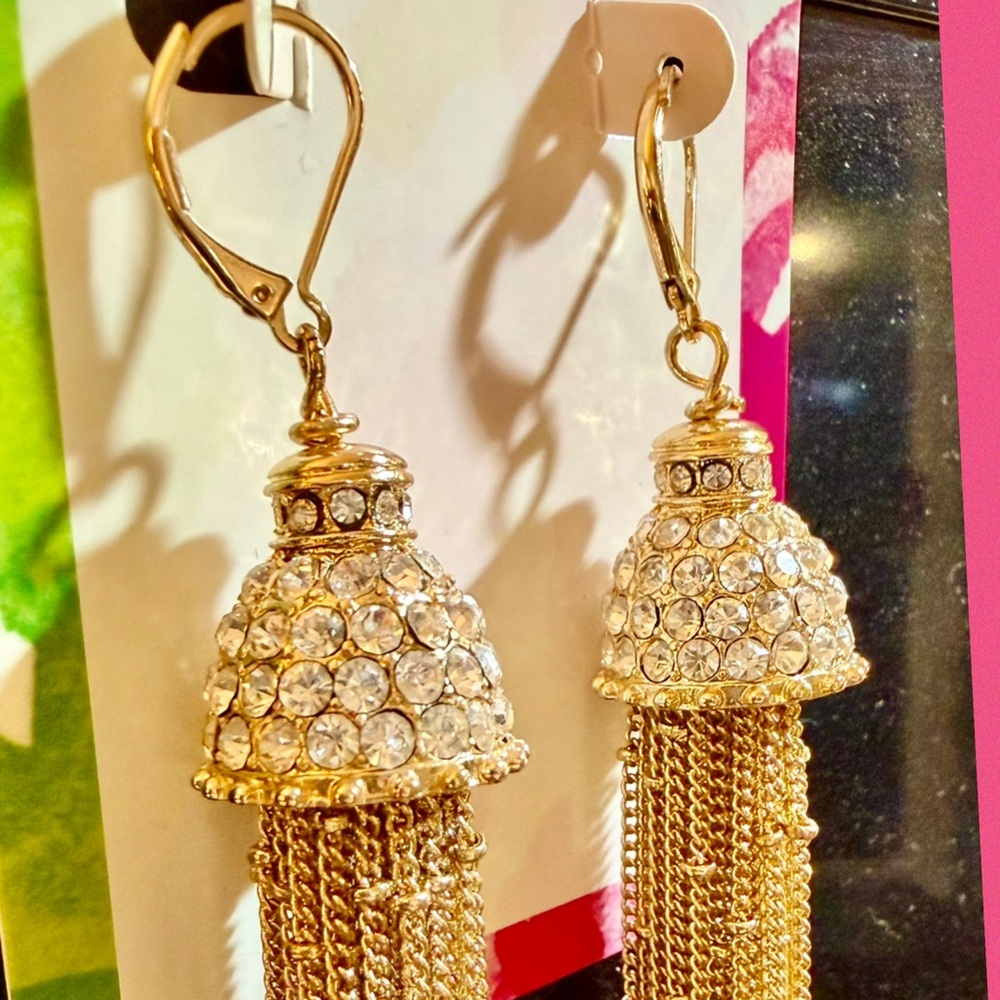 Lilly Pulitzer Earrings Gold Chain Tassel Crystal Earrings Pierced - Picture 2 of 7